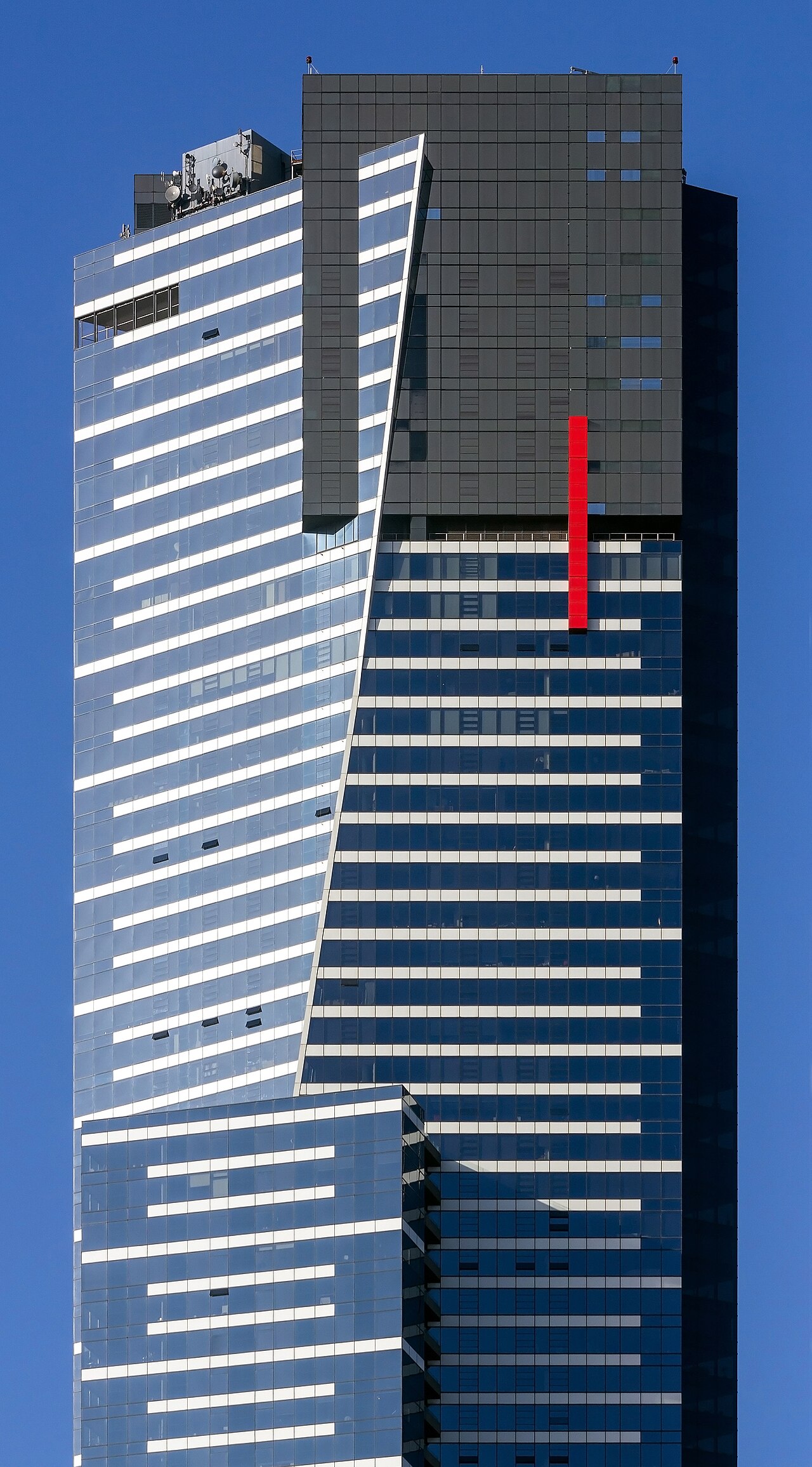 Blue glass and geometric facade details at the top of Eureka Tower, Melbourne