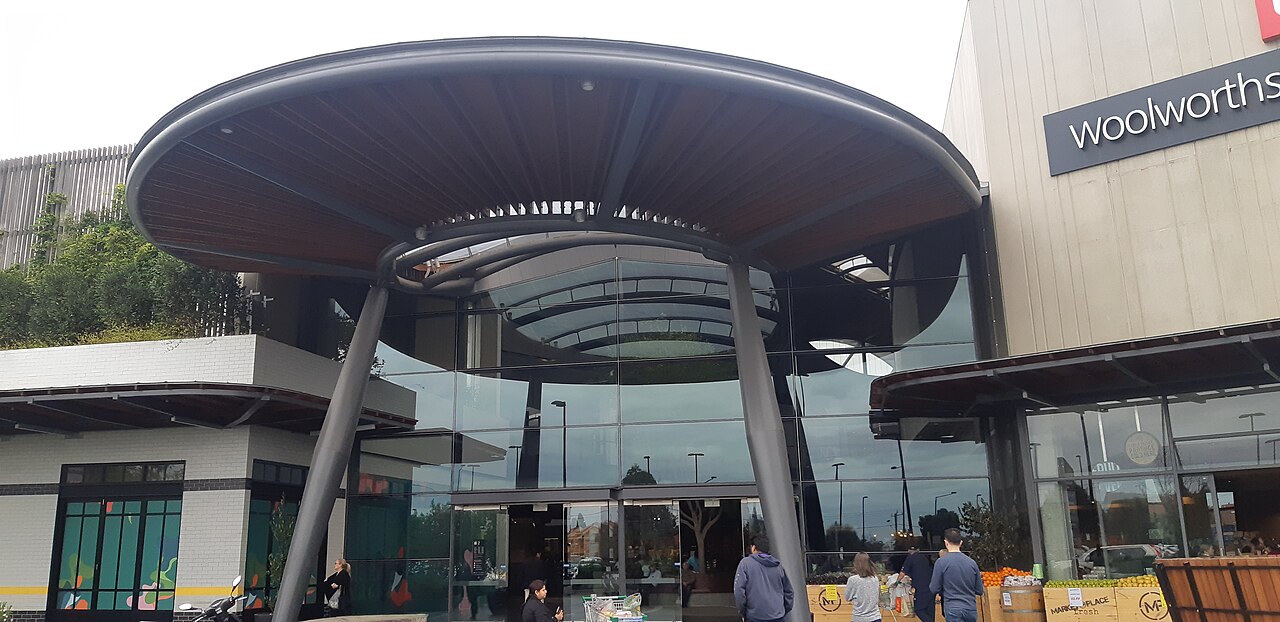 Curved canopy over an entrance to Highpoint Shopping Centre, Maribyrnong